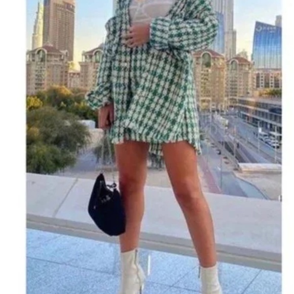 Zara Dresses & Skirts - New ZARA textured knit tweed houndstooth check  Plaid Bejeweled Mini Skirt green